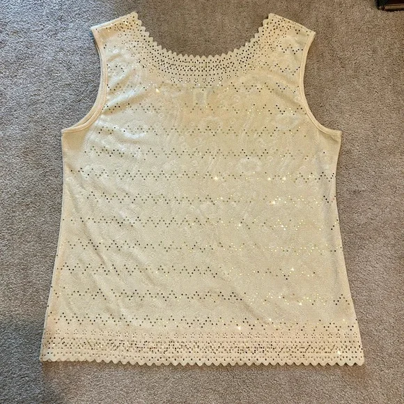 Women’s Cream Scalloped Eyelet Tank Top with Sequin Sparkles ✨ - Picture 4 of 6